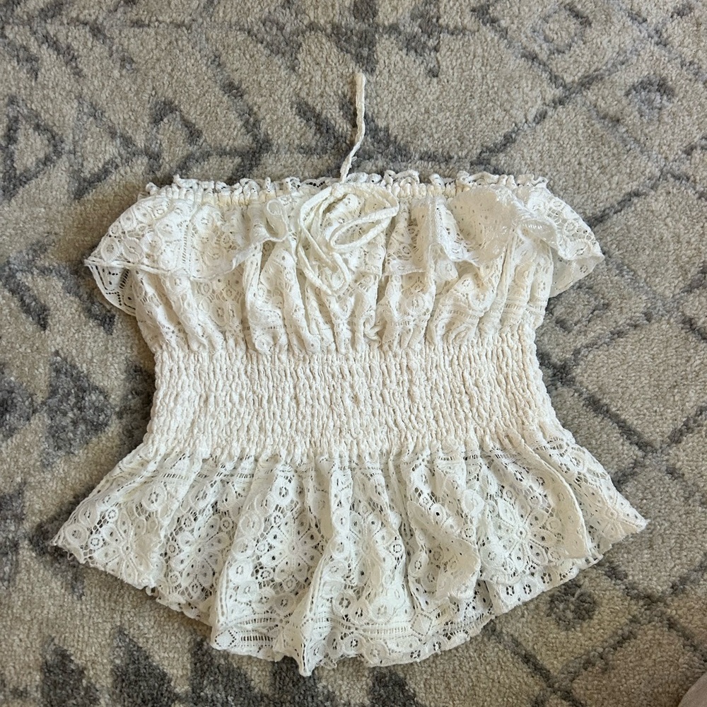 Urban Outfitters Cream Lace Smocked Blouse